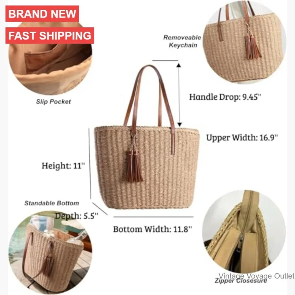 Medium Straw Tote Bag Woven Handmade Shoulder Bag Summer Travel - Picture 5 of 7